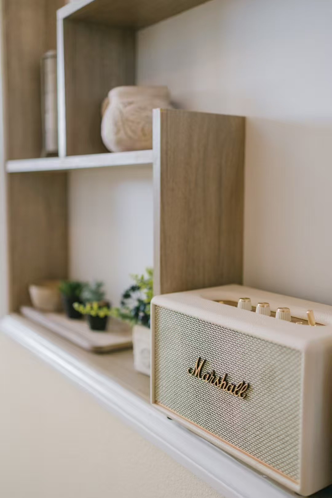 Yu Hair Marshall 音箱与木质置物架